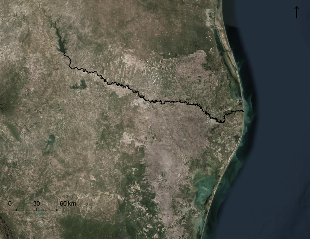 Satellite map of the lower Rio Grande from Falcon Reservoir to the Gulf of Mexico